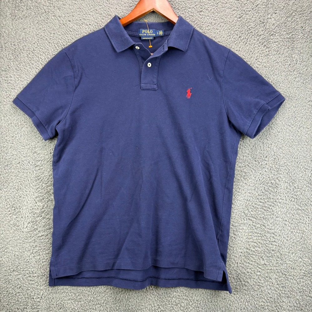 Polo Ralph Lauren Men Navy Blue Custom Slim Fit Short Sleeve Polo Shirt Size L